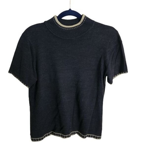 Tahari Charcoal Gray Wool Blend Short Sleeve Mock Neck Sweater Size 10 - Picture 1 of 6